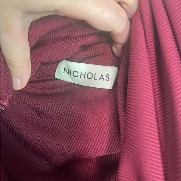 Nicholas One Shoulder Ribbed Cutout Ruched Asymmetrical Midi Dress Maroon Wine - Picture 3 of 5